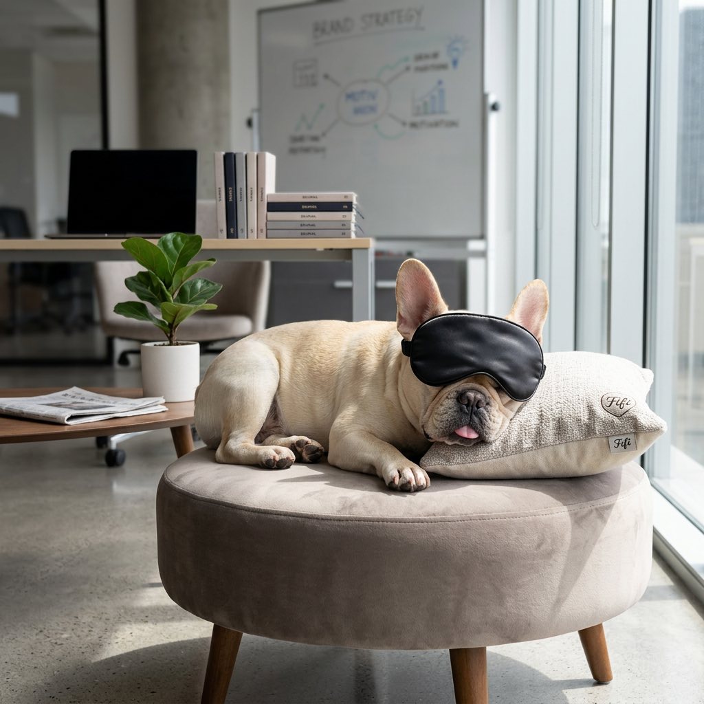 Fifi wearing a sleep mask — taking rest seriously so the humans don't have to
